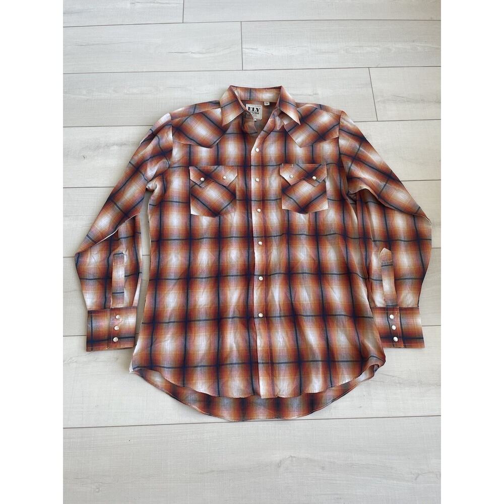 Vintage Ely Cattleman Shirt Mens Medium Western Pearl Snap Orange Plaid